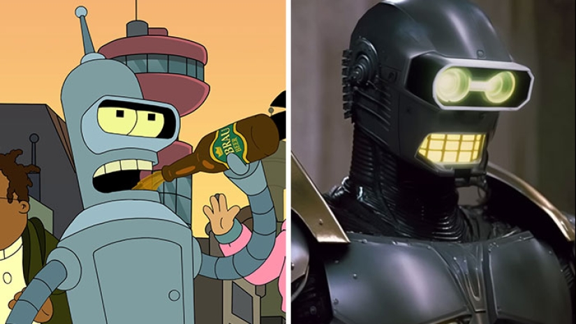 11 fotografías una al lado de la otra que muestran a los personajes de Futurama y sus versiones de películas de ciencia ficción de los 80