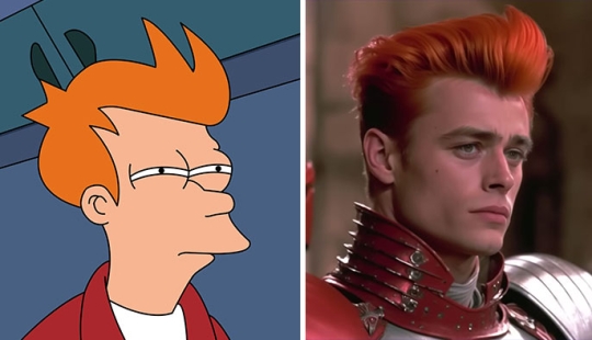 11 fotografías una al lado de la otra que muestran a los personajes de Futurama y sus versiones de películas de ciencia ficción de los 80