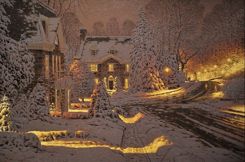 16 cozy snow paintings, which give warmth