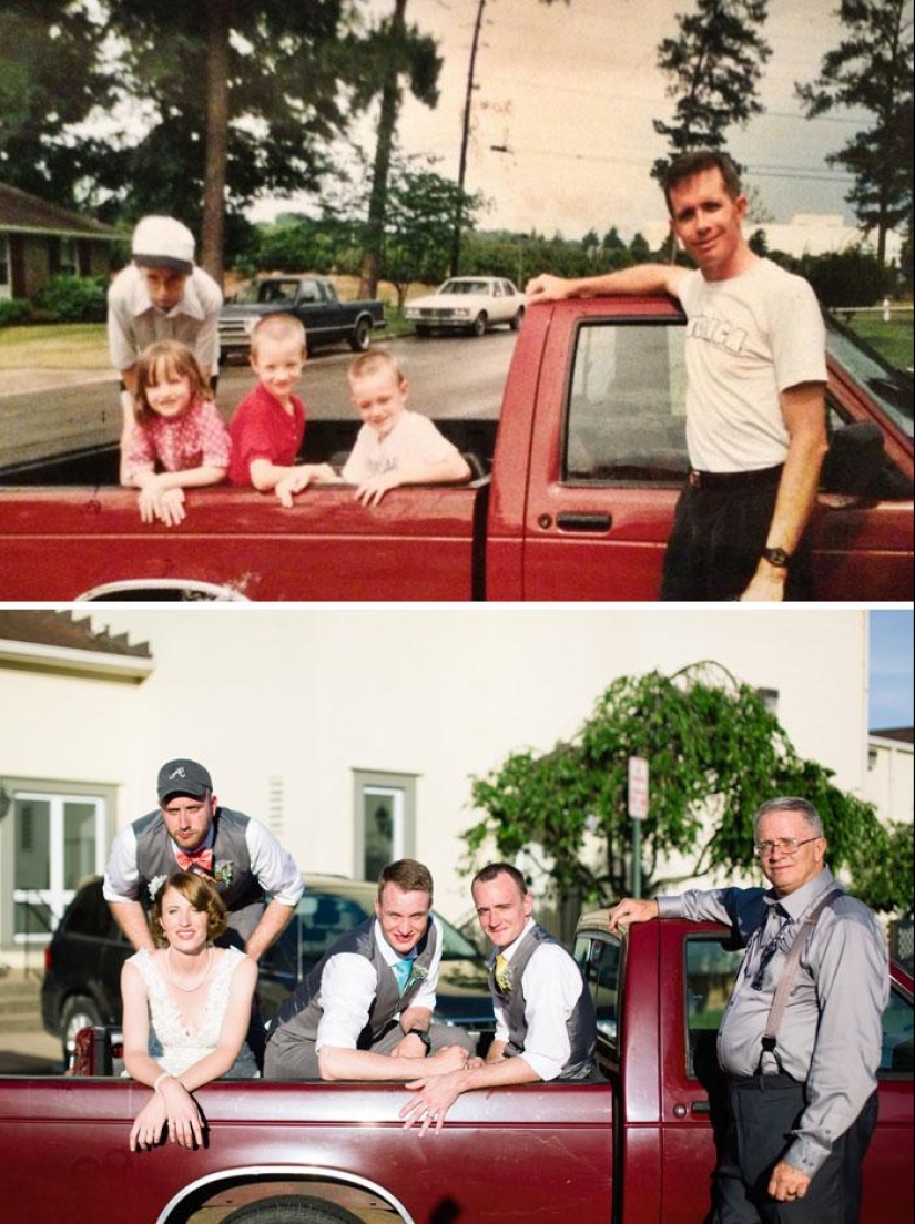25 fotos familiares que se recrearon muchos años después