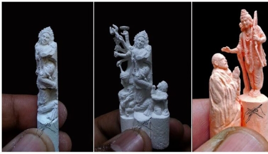 A guy from India carves incredible tiny sculptures out of small crayons