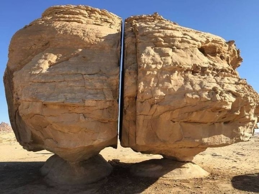 Al-Naslaa is a mystical rock with a perfect fault in the middle of the Arabian desert