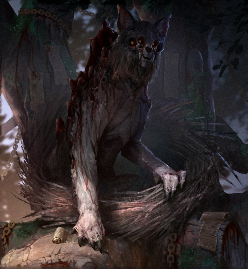 "An oak tree was cut down near Lukomorye": dark fantasy art