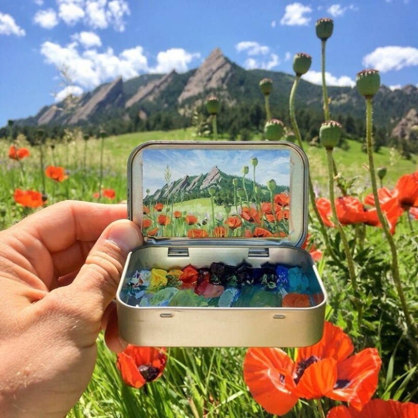 Artist draws the thumbnails of landscapes in the boxes from the candy