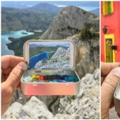 Artist draws the thumbnails of landscapes in the boxes from the candy