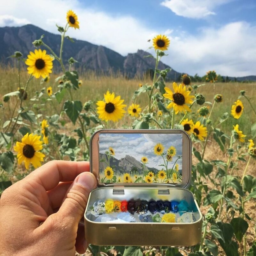 Artist draws the thumbnails of landscapes in the boxes from the candy