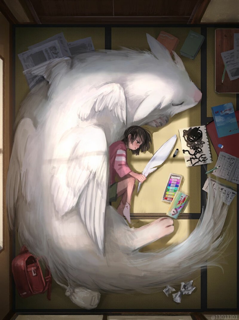 Artist from Japan has created a magical world filled with warmth, kindness and huge beasts