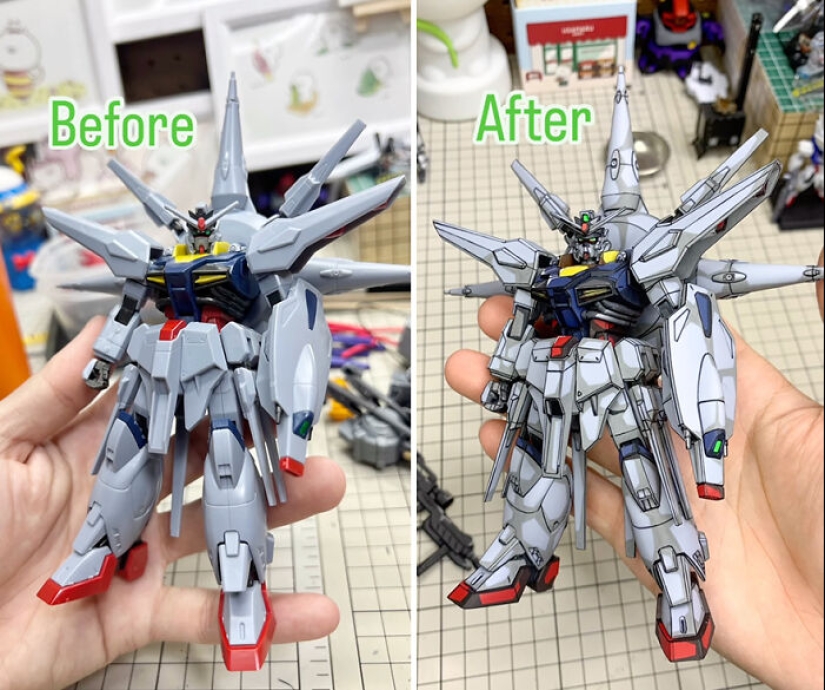 Artista pinta sobre figuras de acción de Gundam para que parezcan sacadas de un anime