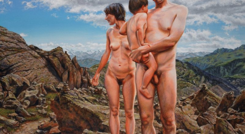 Artista Suzanne Martin y su gente desnuda de Eden