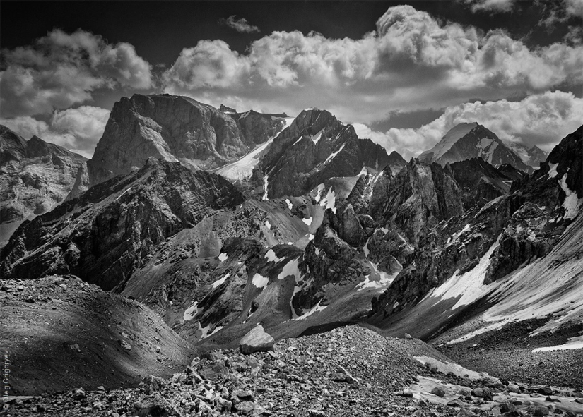 Black and white photography of mountains