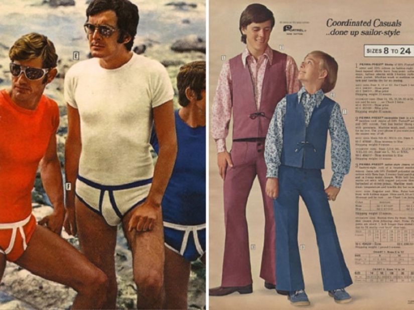 Bright color, indecent cut, daring cage and unthinkable bell-bottomed: men's fashion of the 70s