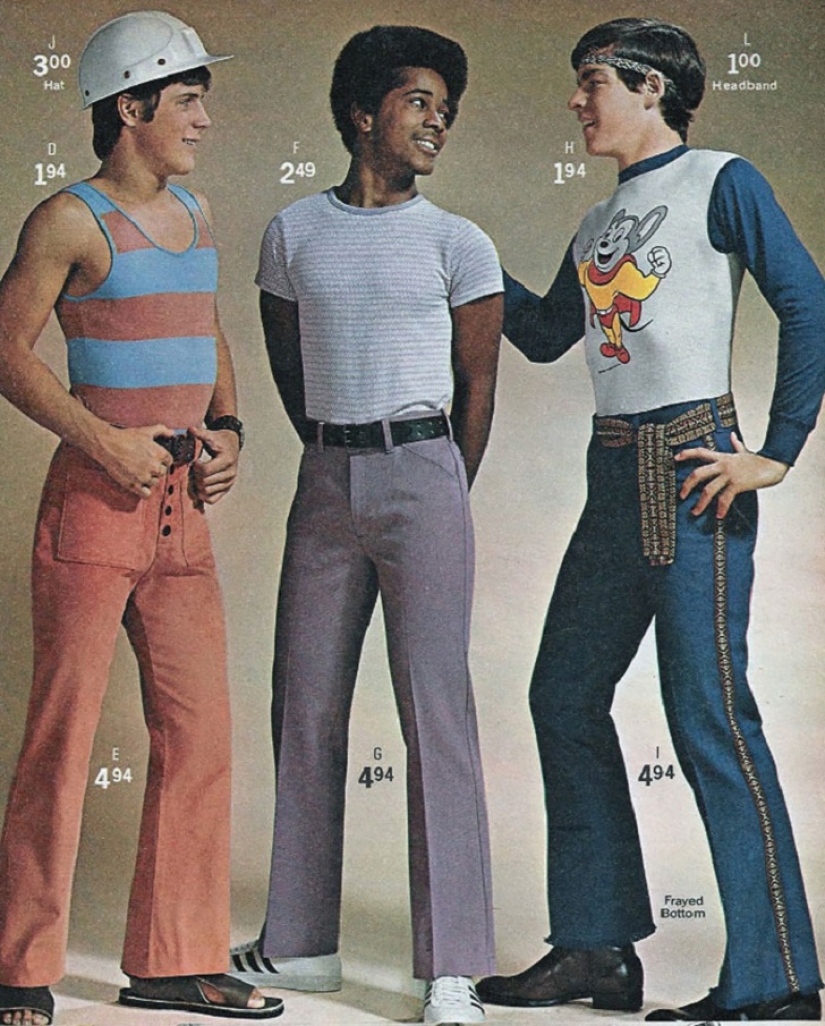 Bright color, indecent cut, daring cage and unthinkable bell-bottomed: men's fashion of the 70s