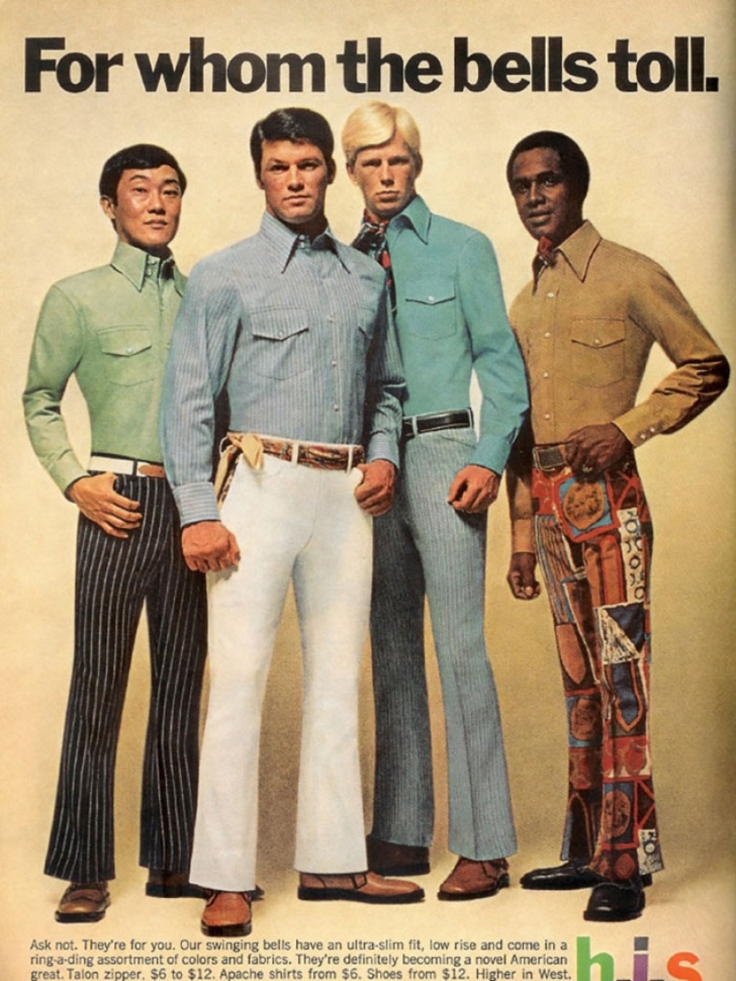 Bright color, indecent cut, daring cage and unthinkable bell-bottomed: men's fashion of the 70s