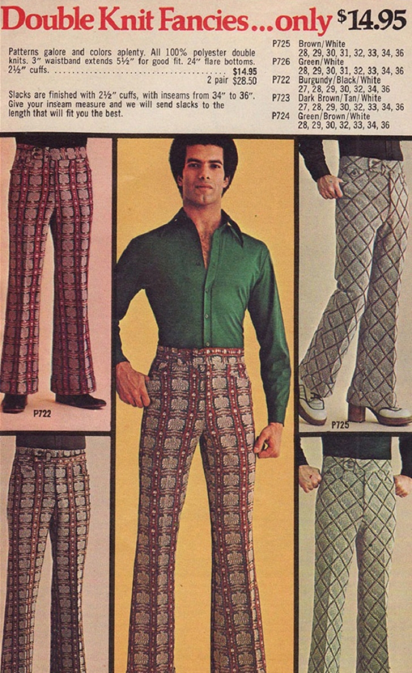 Bright color, indecent cut, daring cage and unthinkable bell-bottomed: men's fashion of the 70s