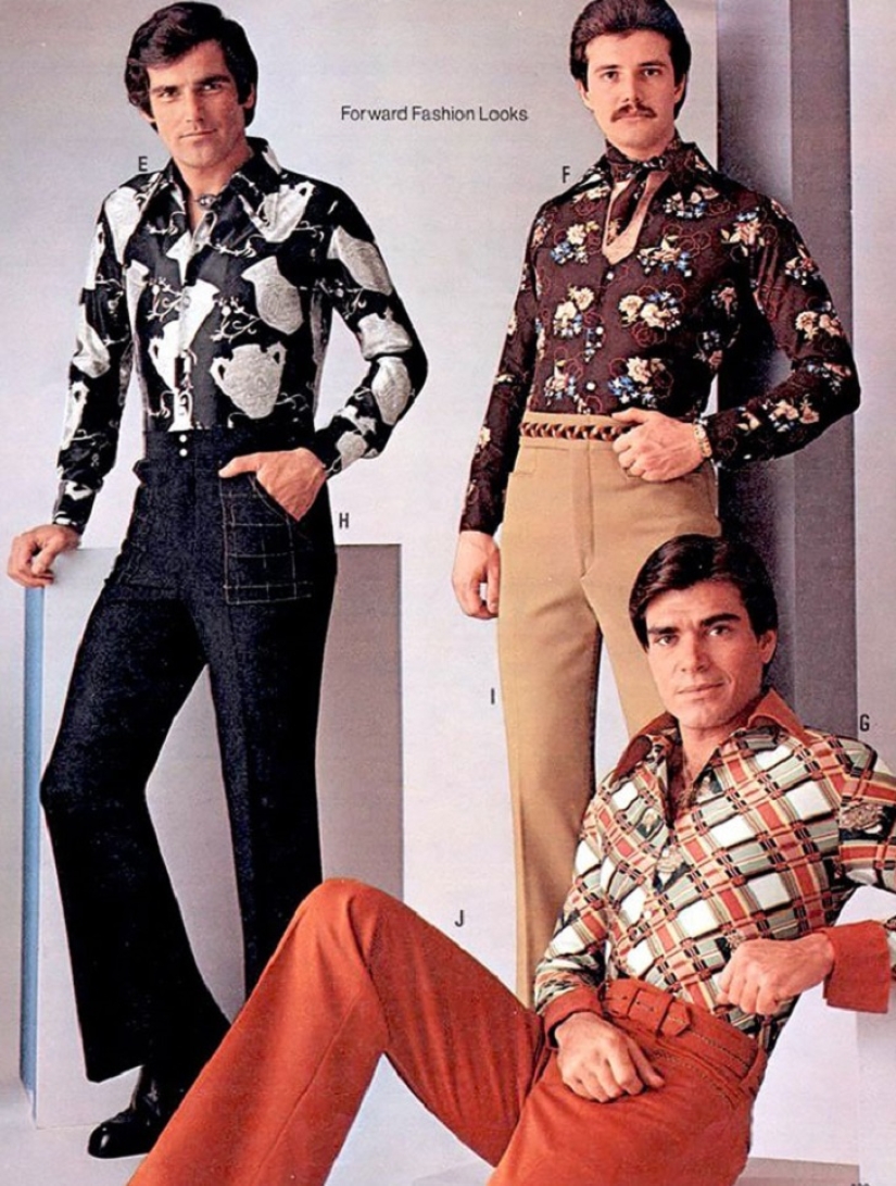 Bright color, indecent cut, daring cage and unthinkable bell-bottomed: men's fashion of the 70s