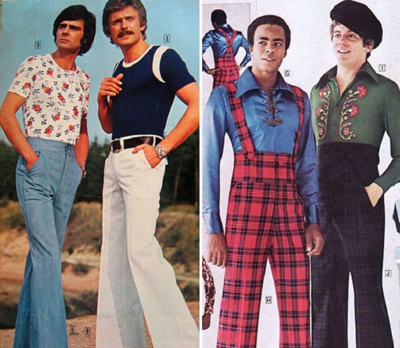 Bright color, indecent cut, daring cage and unthinkable bell-bottomed: men's fashion of the 70s