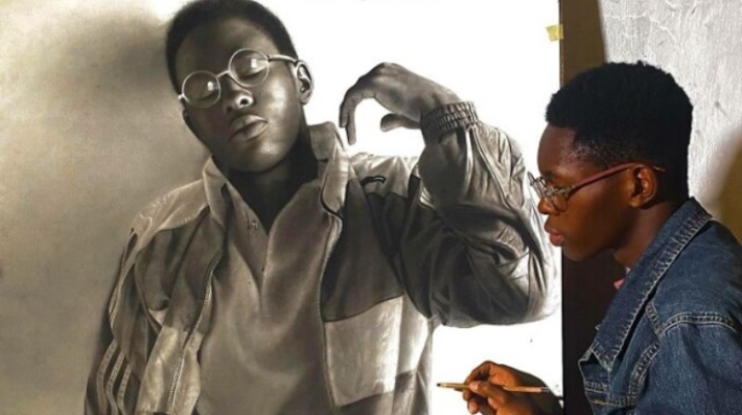 Charcoal portraits of hyperrealist Major Olajide