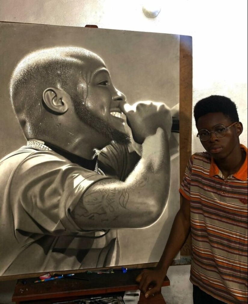 Charcoal portraits of hyperrealist Major Olajide