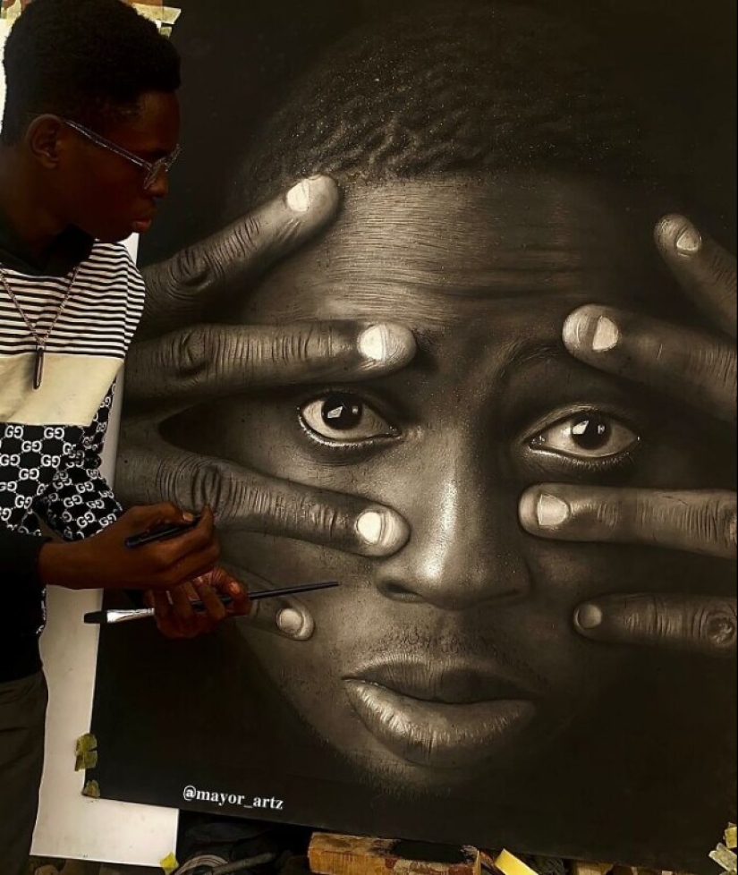 Charcoal portraits of hyperrealist Major Olajide