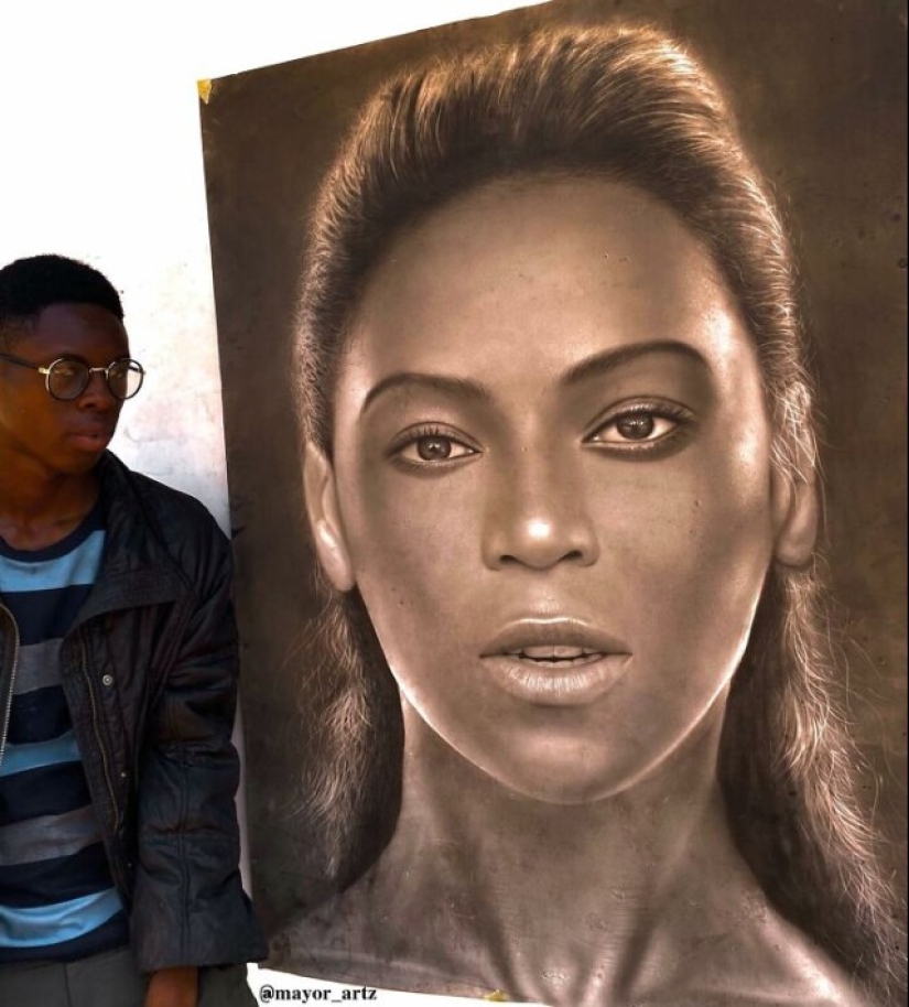 Charcoal portraits of hyperrealist Major Olajide