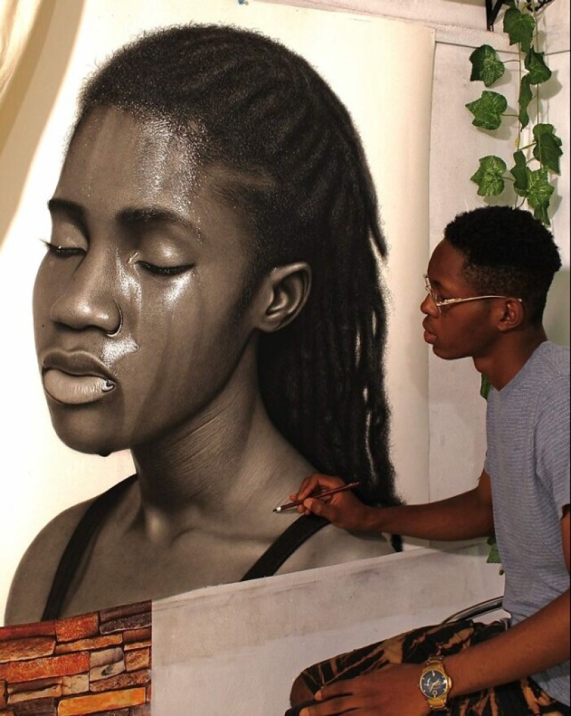 Charcoal portraits of hyperrealist Major Olajide