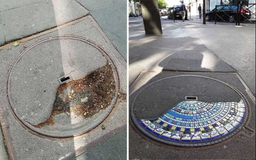 Cirujano vial de Lyon: Artista callejero remienda baches con mosaicos