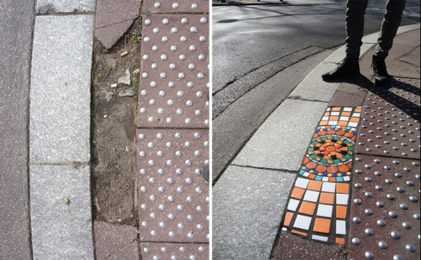 Cirujano vial de Lyon: Artista callejero remienda baches con mosaicos