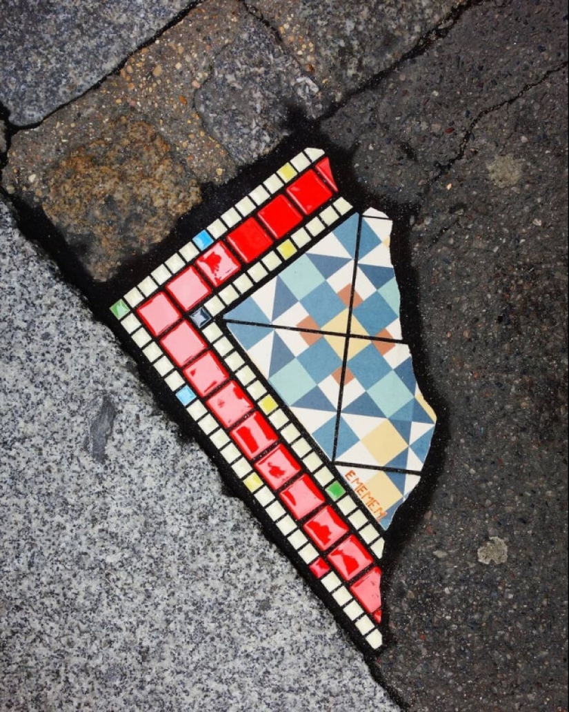 Cirujano vial de Lyon: Artista callejero remienda baches con mosaicos