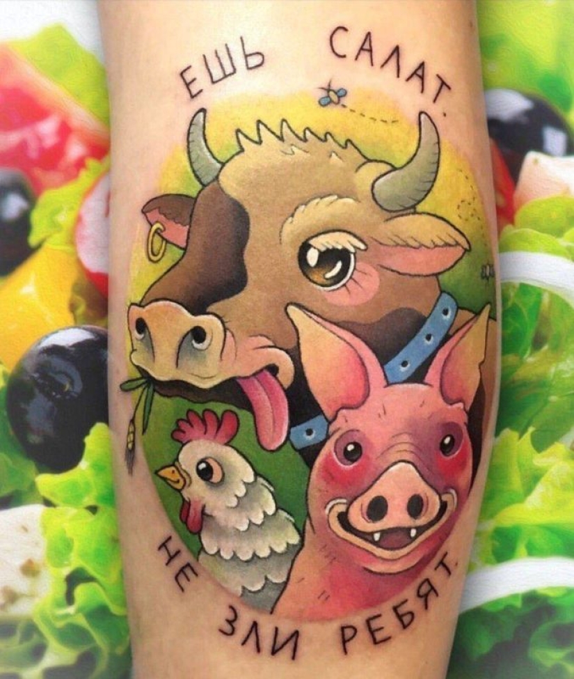 "Comer su ensalada — no te metas con los chicos": ¿qué es un tatuaje cubren los veganos