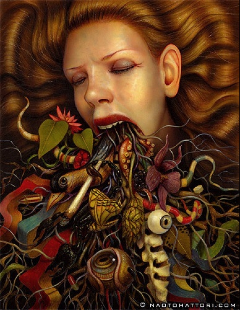 Corrientes de conciencia en las pinturas de Naoto Hattori, similares a las alucinaciones