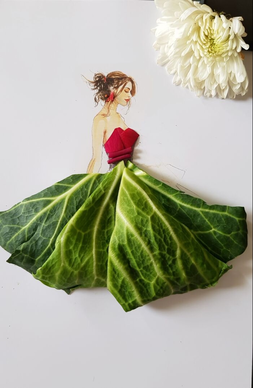Creé vestidos únicos usando legumbres, frutas y verduras.