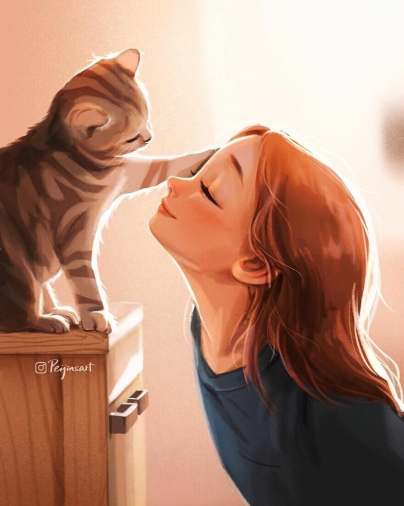 Cute drawings of a girl under the nickname Peijin about how animals improve our lives