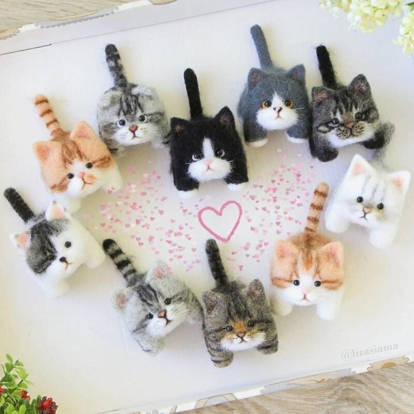 Cute kittens made of felt from the needlewoman Elizabeth Delektorskaya