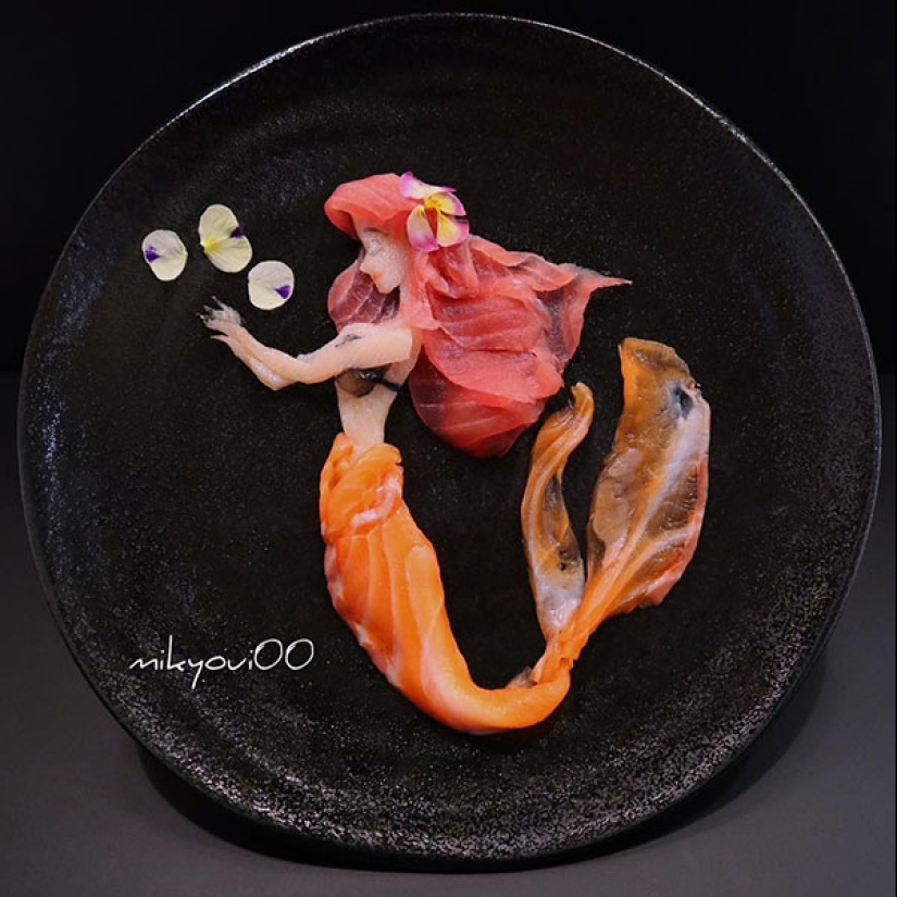 El arte culinario de placas: el chef Japonés se convierte corte el pescado en verdaderas obras maestras