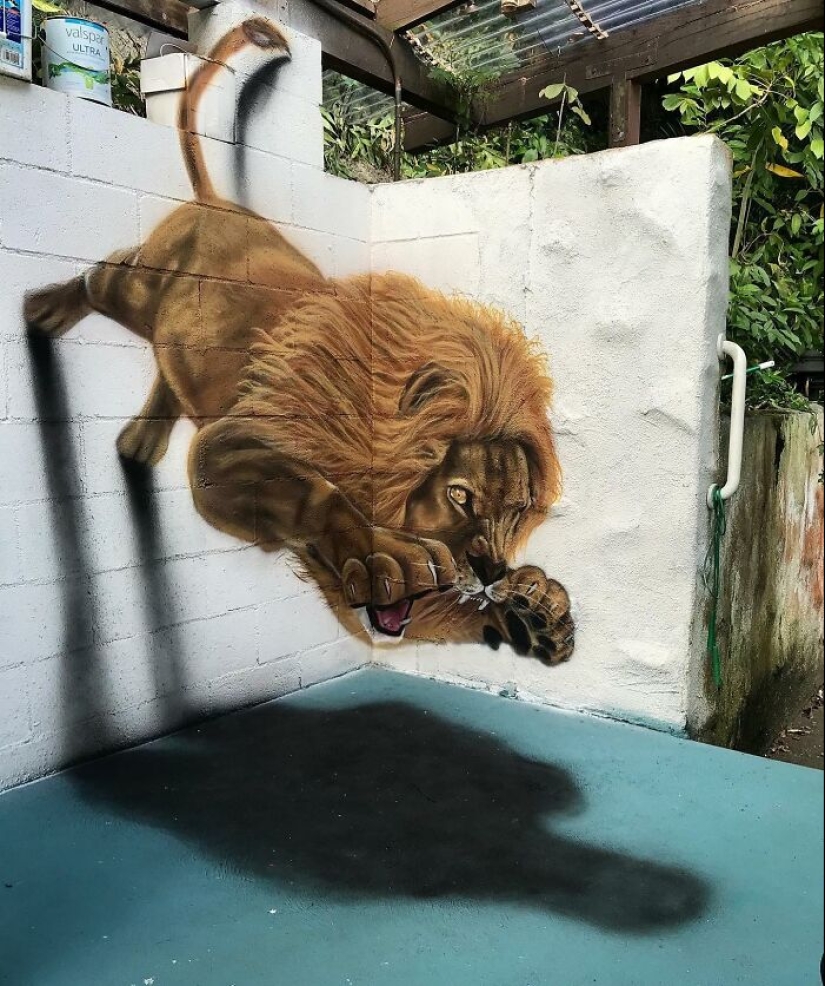 El artista crea murales 3D que prácticamente saltan de la pared.