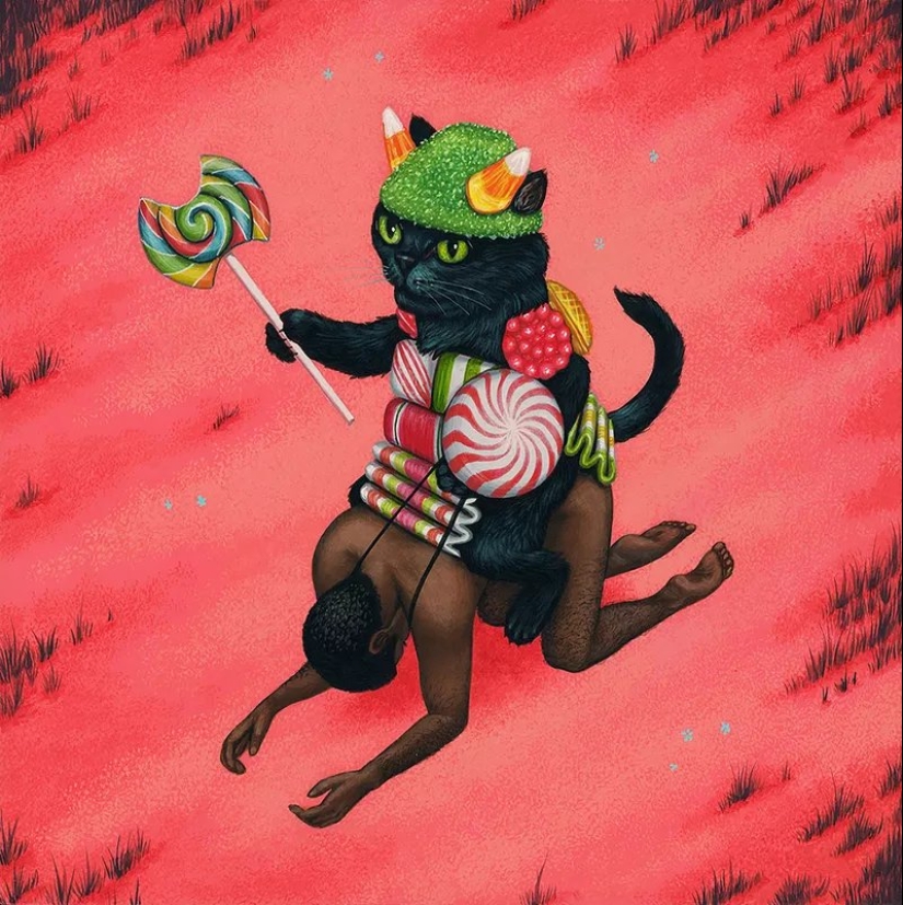 El genio irónico del surrealismo post-pop Casey Weldon y sus gatos