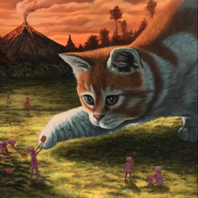 El genio irónico del surrealismo post-pop Casey Weldon y sus gatos