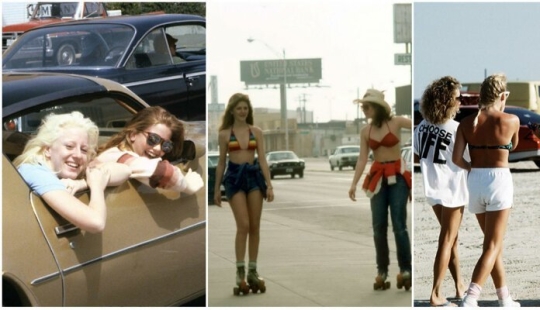 El joven Americano de las mujeres en las playas de Texas en la década de los 80