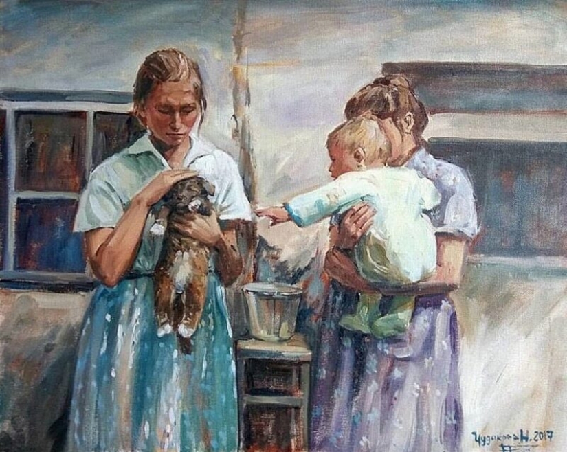 Felicidad humana simple en las pinturas de Nastasia Chudakova