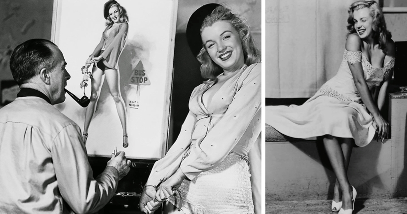 Futuro símbolo sexual Marilyn Monroe posando para pinup artista Earl Moran en el finales de los 40‑s