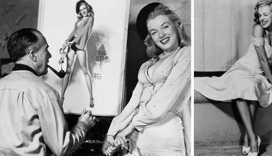 Futuro símbolo sexual Marilyn Monroe posando para pinup artista Earl Moran en el finales de los 40‑s