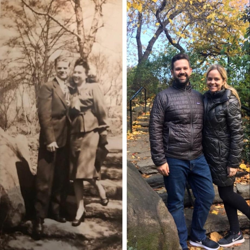 Grandchildren have recreated photos of their grandparents in his youth, showing the incredible power of genes