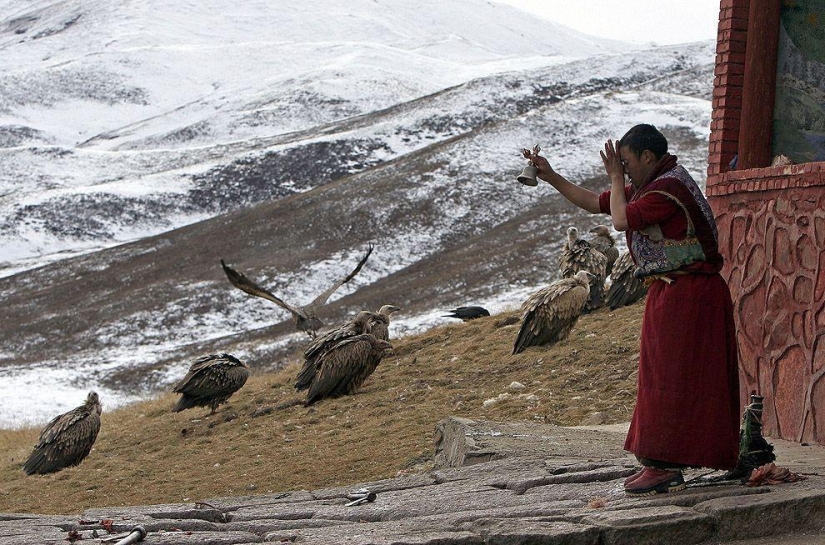 How does the "heavenly burial" take place in Tibet