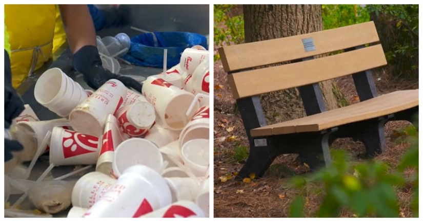 How used disposable tableware turns into park benches