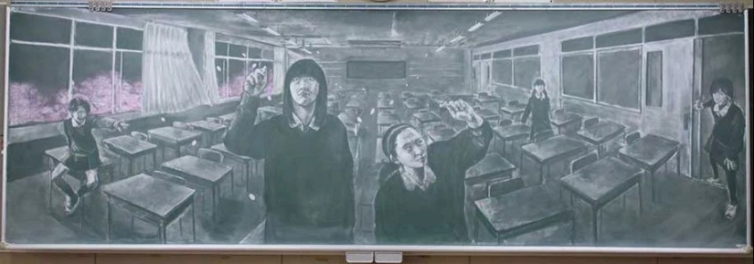 Japanese schoolchildren create incredibly beautiful drawings on school boards