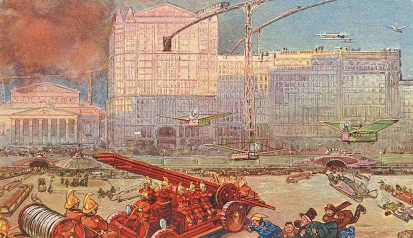 "Los Sbitenschiki se escabullen en trineos aéreos": Moscú de los siglos 22-23 en postales de 1914