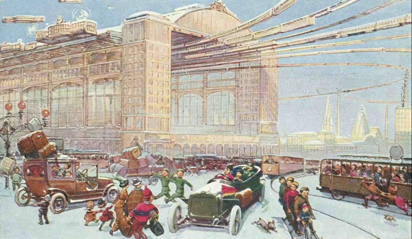 "Los Sbitenschiki se escabullen en trineos aéreos": Moscú de los siglos 22-23 en postales de 1914