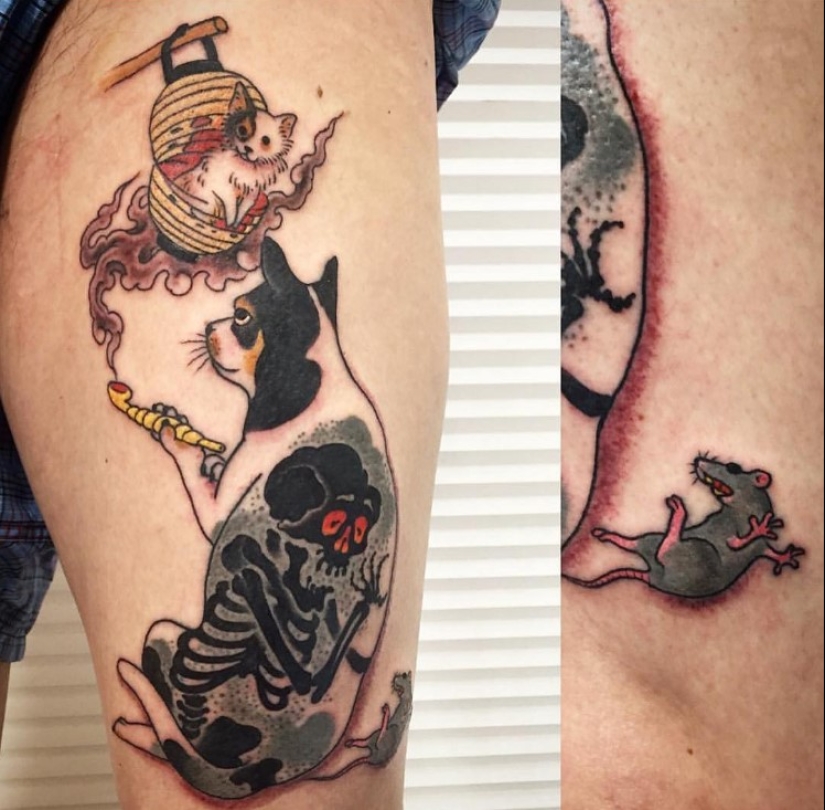 Magnificent tattoos in the form of tattooed cats from a Japanese artist