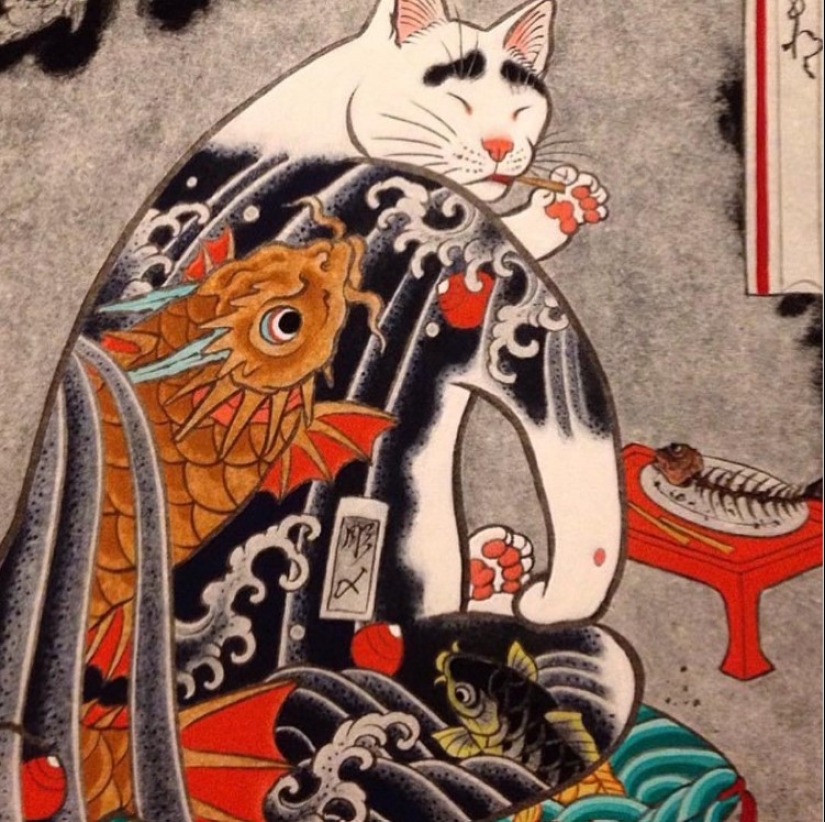 Magnificent tattoos in the form of tattooed cats from a Japanese artist