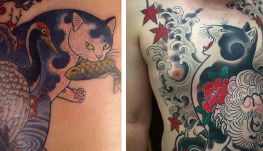 Magnificent tattoos in the form of tattooed cats from a Japanese artist